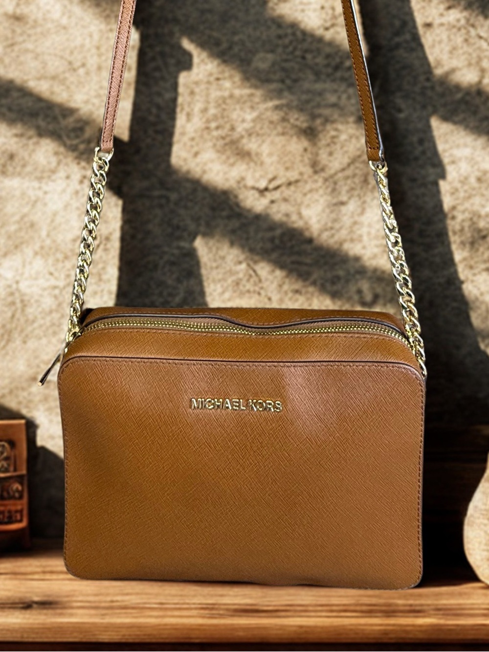 Michael Kors Jet set cognac saffiano leather gold trim adjustable crossbody